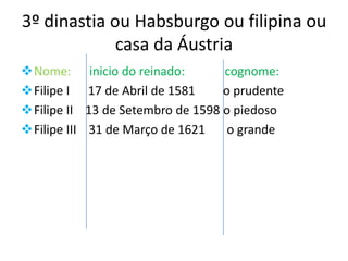 3º dinastia ou Habsburgo ou filipina ou
             casa da Áustria
Nome:         inicio do reinado:    cognome:
Filipe I     17 de Abril de 1581    o prudente
Filipe II    13 de Setembro de 1598 o piedoso
Filipe III   31 de Março de 1621     o grande
 