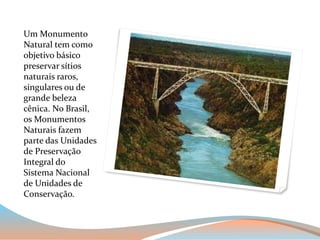 Um Monumento 
Natural tem como 
objetivo básico 
preservar sítios 
naturais raros, 
singulares ou de 
grande beleza 
cênica. No Brasil, 
os Monumentos 
Naturais fazem 
parte das Unidades 
de Preservação 
Integral do 
Sistema Nacional 
de Unidades de 
Conservação. 
 