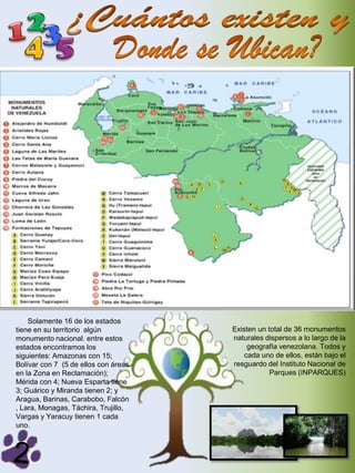 Solamente 16 de los estados
tiene en su territorio algún          Existen un total de 36 monumentos
monumento nacional. entre estos       naturales dispersos a lo largo de la
estados encontramos los                    geografía venezolana. Todos y
siguientes: Amazonas con 15;              cada uno de ellos, están bajo el
Bolívar con 7 (5 de ellos con áreas   resguardo del Instituto Nacional de
en la Zona en Reclamación);                       Parques (INPARQUES)
Mérida con 4; Nueva Esparta tiene
3; Guárico y Miranda tienen 2; y
Aragua, Barinas, Carabobo, Falcón
, Lara, Monagas, Táchira, Trujillo,
Vargas y Yaracuy tienen 1 cada
uno.
 