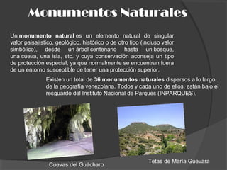 Monumentos Naturales
Un monumento natural es un elemento natural de singular
valor paisajístico, geológico, histórico o de otro tipo (incluso valor
simbólico), desde un árbol centenario hasta un bosque,
una cueva, una isla, etc. y cuya conservación aconseja un tipo
de protección especial, ya que normalmente se encuentran fuera
de un entorno susceptible de tener una protección superior.
Cuevas del Guácharo
Tetas de María Guevara
Existen un total de 36 monumentos naturales dispersos a lo largo
de la geografía venezolana. Todos y cada uno de ellos, están bajo el
resguardo del Instituto Nacional de Parques (INPARQUES).
 
