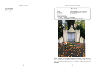 28 29
Mémoire et souvenirs - Grez-Doiceau
Jean-pierre Bontront
Proche de la grille d’accès à l’église, monument aux morts de la guerre 1914-1918,
dansunstyleArt-déco,1920-1930.Bustedefemmeportantvoileetveillantunsoldat
mort couvert d’une palme. Millésimes 1940-1945 ajoutés. Plaque commémoratives
peu lisible.
Monument
Origine			 Guerre mondiale 1914-1918 et 1939-1945
Localisation			 Devant l’église Saint-Pierre - Archennes
Coordonnées		 50.75178, 4.67107
Nombre de personnes		 15
Date de commémoration	
	 21 Juillet - A l’occasion de la fête nationale
	 11 novembre - Dépôt de fleurs par l’administration communale
Wauters Alberic
Wauters Charles
Wauters Louis
Crédit
photo
:
Jean-pierre
Bontront
©
2021
 