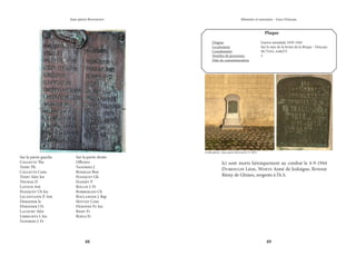 48 49
Mémoire et souvenirs - Grez-Doiceau
Jean-pierre Bontront
Sur la partie gauche
Collette The
Thiry Ph.
Collette Cons
Thiry Alex Jos
Thumas D
Latour Ant
Hanquet Ch Jos
Lecapitaine P. Ant
Deridder Is
Deridder J Fr
Lacourt Alex
Librechts J. Jos
Vandries J. Fr
Sur la partie droite
Officiers
Vandries J.
Bonjean Bon
Hanquet Gh
Hanset P
Rollin J. Fr
Borremans Ch
Boulanger J. Bap
Hottat Cons
Desonne Fr. Jos
Remy Fr
Roels Fr
Ici sont morts héroiquement au combat le 4-9-1944
Dumoulin Léon, Woets Aimé de Jodoigne, Ronsse
Rémy de Glimes, sergents à l’A.S.
Plaque
Origine			 Guerre mondiale 1939-1945
Localisation			 Sur le mur de la ferme de la Brique - Doiceau
Coordonnées		 50.73161, 4.66275
Nombre de personnes		 3
Date de commémoration	
Crédit photo : Jean-pierre Bontront © 2021
 