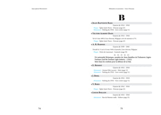 74 75
Mémoire et souvenirs - Grez-Doiceau
Jean-pierre Bontront
B
• A. B. Barnes
Guerre de 1939 - 1945
Décédé le 15 ou le 16 mai 1940 à Gastuche, Grez-doiceau, Belgique
Plaque - Drève de Laurensart - Gastuche (page 39)
    
De nationalité Britanique, membre du 2ème Bataillon de l’Infanterie Légère
De nationalité Britanique, membre du 2ème Bataillon de l’Infanterie Légère
Durham (2nd Bn Durham Light Infantry - 2 DLI).
Durham (2nd Bn Durham Light Infantry - 2 DLI).
Mort dans les combats pour la défense de la Dyle.
Mort dans les combats pour la défense de la Dyle.
• E. Benoit
Guerre de 1914 - 1918
Monument - Avenue Félix Lacourt - Héze (page 13)
Monument - Parking du CPAS - Grez-centre (page 51)
• J. Boel
Guerre de 1914 - 1918
Monument - Parking du CPAS - Grez-centre (page 51)
• V. Boel
Guerre de 1914 - 1918
Plaque - Église Saint-Pierre - Doiceau (page 45)
• Jean-Baptiste Baes
Guerre de 1914 - 1918
Plaque - Église Saint-Pierre - Doiceau (page 45)
Monument - Parking du CPAS - Grez-centre (page 51)
• Victor Albert Baes
Guerre de 1914 - 1918
Né le 9 mai 1890 à Grez-doiceau, Belgique, acte de naissance n°31.
Plaque - Église Saint-Pierre - Doiceau (page 45)
• Louis Bollen
Guerre de 1914 - 1918
Monument - Rue de Hamme-mille - Néthen (page 25)
 