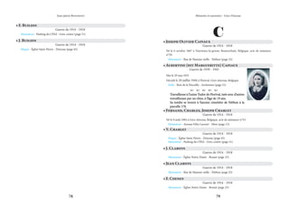 78 79
Mémoire et souvenirs - Grez-Doiceau
Jean-pierre Bontront
C
• Joseph Olivier Capiaux
Guerre de 1914 - 1918
Né le 6 octobre 1867 à Tourinnes-la-grosse, Beauvechain, Belgique, acte de naissance
n°29.
Monument - Rue de Hamme-mille - Néthen (page 25)
• Albertine (dit Margueritte) Capiaux
Guerre de 1939 - 1945
Née le 29 mai 1925
Décédé le 20 juillet 1944 à Florival, Grez-doiceau, Belgique.
Stelle - Bois de la Hocaille - Archennes (page 31)
    
Travailleuse à l’usine Tudor de Florival, tuée avec d’autres
Travailleuse à l’usine Tudor de Florival, tuée avec d’autres
travailleuses par un obus, à l’âge de 19 ans.
travailleuses par un obus, à l’âge de 19 ans.
Sa tombe se trouve à l’ancien cimetière de Néthen à la
Sa tombe se trouve à l’ancien cimetière de Néthen à la
parcelle 170.
parcelle 170.
• Fernand, Charles, Joseph Charlet
Guerre de 1914 - 1918
Né le 9 août 1894 à Grez-doiceau, Belgique, acte de naissance n°53.
Monument - Avenue Félix Lacourt - Héze (page 13)
• V. Charlet
Guerre de 1914 - 1918
Plaque - Église Saint-Pierre - Doiceau (page 45)
Monument - Parking du CPAS - Grez-centre (page 51)
• J. Clabots
Guerre de 1914 - 1918
Monument - Église Notre-Dame - Bossut (page 23)
• Jean Clabots
Guerre de 1914 - 1918
Monument - Rue de Hamme-mille - Néthen (page 25)
• F. Coenen
Guerre de 1914 - 1918
Monument - Église Notre-Dame - Bossut (page 23)
• J. Buildin
Guerre de 1914 - 1918
Plaque - Église Saint-Pierre - Doiceau (page 45)
• F. Buildin
Guerre de 1914 - 1918
Monument - Parking du CPAS - Grez-centre (page 51)
 