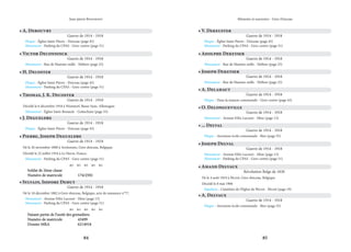 84 85
Mémoire et souvenirs - Grez-Doiceau
Jean-pierre Bontront
• Victor Deconninck
Guerre de 1914 - 1918
Monument - Rue de Hamme-mille - Néthen (page 25)
• A. Debouvry
Guerre de 1914 - 1918
Plaque - Église Saint-Pierre - Doiceau (page 45)
Monument - Parking du CPAS - Grez-centre (page 51)
• H. Decoster
Guerre de 1914 - 1918
Plaque - Église Saint-Pierre - Doiceau (page 45)
Monument - Parking du CPAS - Grez-centre (page 51)
• Thomas, J. K. Decoster
Guerre de 1914 - 1918
Décédé le 6 décembre 1918 à Wunstorf, Basse-Saxe, Allemagne.
Monument - Église Saint-Remacle - Gottechain (page 35)
• J. Degueldre
Guerre de 1914 - 1918
Plaque - Église Saint-Pierre - Doiceau (page 45)
• Pierre, Joseph Degueldre
Guerre de 1914 - 1918
Né le 26 novembre 1880 à Archennes, Grez-doiceau, Belgique.
Décédé le 22 juillet 1916 à Le Havre, France.
Monument - Parking du CPAS - Grez-centre (page 51)
    
Soldat de 2ème classe
Soldat de 2ème classe
Numéro de matricule		 174/2592
Numéro de matricule		 174/2592
• Sylvain, Isidore Dehut
Guerre de 1914 - 1918
Né le 18 décembre 1882 à Grez-doiceau, Belgique, acte de naissance n°77.
Monument - Avenue Félix Lacourt - Héze (page 13)
Monument - Parking du CPAS - Grez-centre (page 51)
    
Faisant partie de l’unité des grenadiers.
Faisant partie de l’unité des grenadiers.
Numéro de matricule		 43499
Numéro de matricule		 43499
Dossier MRA		 6214918
Dossier MRA		 6214918
• V. Dekeuster
Guerre de 1914 - 1918
Plaque - Église Saint-Pierre - Doiceau (page 45)
Monument - Parking du CPAS - Grez-centre (page 51)
• Adolphe Dekeyser
Guerre de 1914 - 1918
Monument - Rue de Hamme-mille - Néthen (page 25)
• Joseph Dekeyser
Guerre de 1914 - 1918
Monument - Rue de Hamme-mille - Néthen (page 25)
• A. Delahaut
Guerre de 1914 - 1918
Plaque - Dans la maison communale - Grez-centre (page 43)
• Joseph Delval
Guerre de 1914 - 1918
Monument - Avenue Félix Lacourt - Héze (page 13)
Monument - Parking du CPAS - Grez-centre (page 51)
• O. Delongueville
Guerre de 1914 - 1918
Monument - Avenue Félix Lacourt - Héze (page 13)
• ... Delval
Guerre de 1914 - 1918
Plaque - Ancienne école communale - Biez (page 55)
• A. Delvaux
Guerre de 1914 - 1918
Plaque - Ancienne école communale - Biez (page 55)
• Amand Delvaux
Révolution Belge de 1830
Né le 4 août 1810 à Pécrot, Grez-doiceau, Belgique
Décédé le 8 mai 1906
Sépulture - Cimétière de l’Église de Pécrot - Pécrot (page 19)
 