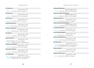 86 87
Mémoire et souvenirs - Grez-Doiceau
Jean-pierre Bontront
• J. Delvaux
Guerre de 1914 - 1918
Monument - Avenue Félix Lacourt - Héze (page 13)
• Joseph Demaret
Guerre de 1914 - 1918
Monument - Rue de Hamme-mille - Néthen (page 25)
• Octave Demogue
Guerre de 1914 - 1918
Monument - Église Saint-pierre - Archennes (page 29)
• M. Demol
Guerre de 1914 - 1918
Monument - Avenue Félix Lacourt - Héze (page 13)
• Jules Depauw
Guerre de 1914 - 1918
Décédé le 29 septembre 1914 à Anvers, Belgique.
Monument - Église Saint-Remacle - Gottechain (page 35)
• Emmanuel Deprez
Guerre de 1914 - 1918
Monument - Rue de Hamme-mille - Néthen (page 25)
• Maurice Deprez
Guerre de 1914 - 1918
Monument - Rue de Hamme-mille - Néthen (page 25)
• A. Deridder
Guerre de 1914 - 1918
Plaque - Dans la maison communale - Grez-centre (page 43)
Monument - Parking du CPAS - Grez-centre (page 51)
• Isisore Deridder
Révolution Belge de 1830
Monument - Église Saint-Georges - Grez-centre (page 47)
• Jean-François Deridder
Révolution Belge de 1830
Monument - Église Saint-Georges - Grez-centre (page 47)
• T. De Spoelberch
Guerre de 1914 - 1918
Monument - Parking du CPAS - Grez-centre (page 51)
• Th. De Spoelberch
Guerre de 1914 - 1918
Plaque - Église Saint-Pierre - Doiceau (page 45)
• Auguste Despontin
Guerre de 1914 - 1918
Monument - Rue de Hamme-mille - Néthen (page 25)
• R. Detienne
Guerre de 1914 - 1918
Plaque - Dans la maison communale - Grez-centre (page 43)
Monument - Parking du CPAS - Grez-centre (page 51)
• Emile Devos
Guerre de 1914 - 1918
Plaque - Ancienne école communale - Biez (page 55)
• François Joseph Desonne
Révolution Belge de 1830
Monument - Église Saint-Georges - Grez-centre (page 47)
• Joseph Desclez
Guerre de 1914 - 1918
Plaque - Ancienne école communale - Biez (page 55)
• Fernand Devroye
Guerre de 1914 - 1918
Plaque - Ancienne école communale - Biez (page 55)
• F. Delvaux
Guerre de 1914 - 1918
Monument - Parking du CPAS - Grez-centre (page 51)
• E. Delvaux
Guerre de 1914 - 1918
Monument - Avenue Félix Lacourt - Héze (page 13)
 