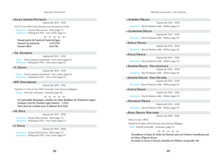 88 89
Mémoire et souvenirs - Grez-Doiceau
Jean-pierre Bontront
• Th. Devroye
Guerre de 1914 - 1918
Plaque - Dans la maison communale - Grez-centre (page 43)
Monument - Parking du CPAS - Grez-centre (page 51)
• V. Dewit
Guerre de 1914 - 1918
Plaque - Dans la maison communale - Grez-centre (page 43)
Monument - Parking du CPAS - Grez-centre (page 51)
• RW. Ditchburn
Guerre de 1939 - 1945
Décédé le 15 ou le 16 mai 1940 à Gastuche, Grez-doiceau (Belgique)
Plaque - Drève de Laurensart - Gastuche (page 39)
    
De nationalité Britanique, membre du 2ème Bataillon de l’Infanterie Légère
De nationalité Britanique, membre du 2ème Bataillon de l’Infanterie Légère
Durham (2nd Bn Durham Light Infantry - 2 DLI).
Durham (2nd Bn Durham Light Infantry - 2 DLI).
Mort dans les combats pour la défense de la Dyle.
Mort dans les combats pour la défense de la Dyle.
• M. Dive
Guerre de 1914 - 1918
Monument - Avenue Félix Lacourt - Héze (page 13)
Monument - Parking du CPAS - Grez-centre (page 51)
• J. Docq
Guerre de 1914 - 1918
Monument - Avenue Félix Lacourt - Héze (page 13)
Monument - Parking du CPAS - Grez-centre (page 51)
• Alphonse Draye
Guerre de 1914 - 1918
Monument - Rue de Hamme-mille - Néthen (page 25)
• Emile Draye
Guerre de 1914 - 1918
Monument - Rue de Hamme-mille - Néthen (page 25)
• Albéric Draye
Guerre de 1914 - 1918
Monument - Rue de Hamme-mille - Néthen (page 25)
• Félix Draye
Guerre de 1914 - 1918
Monument - Rue de Hamme-mille - Néthen (page 25)
• Joseph Draye - Fils Gustace
Guerre de 1914 - 1918
Monument - Rue de Hamme-mille - Néthen (page 25)
• Joseph Draye - Fils Victor
Guerre de 1914 - 1918
Monument - Rue de Hamme-mille - Néthen (page 25)
• Louis Draye
Guerre de 1914 - 1918
Monument - Rue de Hamme-mille - Néthen (page 25)
• Maurice Draye
Guerre de 1914 - 1918
Monument - Rue de Hamme-mille - Néthen (page 25)
• Rosa Draye-Wauters
Guerre de 1939 - 1945
Née le 22 mars 1900 à
Décédé le 20 juillet 1944 à Florival, Grez-doiceau, Belgique.
Stelle - Bois de la Hocaille - Archennes (page 31)
    
Travailleuse à l’usine de Tudor de Florival, tuée avec d’autres travailleuses par
Travailleuse à l’usine de Tudor de Florival, tuée avec d’autres travailleuses par
un obus, à l’âge de 44 ans.
un obus, à l’âge de 44 ans.
Sa tombe se trouve à l’ancien cimetière de Néthen à la parcelle 168.
Sa tombe se trouve à l’ancien cimetière de Néthen à la parcelle 168.
• Jules, Joseph Devroye
Guerre de 1914 - 1918
Né le 27 avril 1883 à Grez-doiceau (acte de naissance n°26)
Monument - Avenue Félix Lacourt - Héze (page 13)
Monument - Parking du CPAS - Grez-centre (page 51)
    
Faisant partie de l’unité de l’unité de ligne.
Faisant partie de l’unité de l’unité de ligne.
Numéro de matricule		 110.52392
Numéro de matricule		 110.52392
Dossier MRA		 6231194
Dossier MRA		 6231194
 