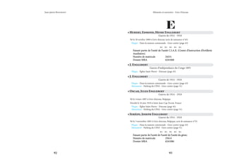 92 93
Mémoire et souvenirs - Grez-Doiceau
Jean-pierre Bontront
E
• Hubert, Edmond, Henri Englebert
Guerre de 1914 - 1918
Né le 20 octobre 1880 à Grez-doiceau (acte de naissance n°43)
Plaque - Dans la maison communale - Grez-centre (page 43)
    
Faisant partie de l’unité de l’unité C.I.A.X. (Centre d’Instruction d’Artillerie
Faisant partie de l’unité de l’unité C.I.A.X. (Centre d’Instruction d’Artillerie
Auxiliaires).
Auxiliaires).
Numéro de matricule		 24531
Numéro de matricule		 24531
Dossier MRA		 6241068
Dossier MRA		 6241068
• J. Englebert
Guerre de 1914 - 1918
Plaque - Dans la maison communale - Grez-centre (page 43)
Monument - Parking du CPAS - Grez-centre (page 51)
• Oscar, Jules Englebert
Guerre de 1914 - 1918
Né le 4 mars 1887 à Grez-doiceau, Belgique
Décédé le 24 juin 1918 à Saint-Jean-Cap-Ferrat, France
Plaque - Église Saint-Pierre - Doiceau (page 45)
Monument - Parking du CPAS - Grez-centre (page 51)
• J. Englebert
Guerre d’indépendance du Congo 1893
Plaque - Église Saint-Pierre - Doiceau (page 45)
• Siméon, Joseph Englebert
Guerre de 1914 - 1918
Né le 3 novembre 1883 à Grez-doiceau, Belgique, acte de naissance n°55.
Plaque - Dans la maison communale - Grez-centre (page 43)
Monument - Parking du CPAS - Grez-centre (page 51)
    
Faisant partie de l’unité de l’unité de l’unité du génie.
Faisant partie de l’unité de l’unité de l’unité du génie.
Numéro de matricule		 25614
Numéro de matricule		 25614
Dossier MRA		 6241086
Dossier MRA		 6241086
 