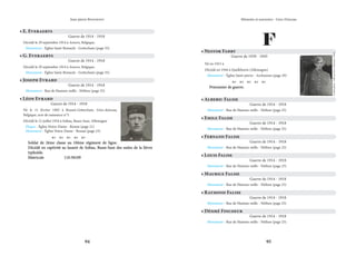 94 95
Mémoire et souvenirs - Grez-Doiceau
Jean-pierre Bontront
• Joseph Evrard
Guerre de 1914 - 1918
Monument - Rue de Hamme-mille - Néthen (page 25)
• Léon Evrard
Guerre de 1914 - 1918
Né le 11 février 1892 à Bossut-Gottechain, Grez-doiceau,
Belgique, acte de naissance n°3.
Décédé le 12 juillet 1918 à Soltau, Basse-Saxe, Allemagne
Plaque - Église Notre-Dame - Bossut (page 21)
Monument - Église Notre-Dame - Bossut (page 23)
    
Soldat de 2ème classe au 10ème régiment de ligne.
Soldat de 2ème classe au 10ème régiment de ligne.
Décédé en captivité au lazaret de Soltau, Basse-Saxe des suites de la fièvre
Décédé en captivité au lazaret de Soltau, Basse-Saxe des suites de la fièvre
typhoïde.
typhoïde.
Matricule		 110.58109
Matricule		 110.58109
• G. Everaerts
Guerre de 1914 - 1918
Décédé le 29 septembre 1914 à Anvers, Belgique.
Monument - Église Saint-Remacle - Gottechain (page 35)
• E. Everaerts
Guerre de 1914 - 1918
Décédé le 29 septembre 1914 à Anvers, Belgique.
Monument - Église Saint-Remacle - Gottechain (page 35)
F
• Nestor Fabry
Guerre de 1939 - 1945
Né en 1915 à
Décédé en 1944 à Quelkhorm (Allemagne)
Monument - Église Saint-pierre - Archennes (page 29)
    
Prisonnier de guerre.
Prisonnier de guerre.
• Alberic Falise
Guerre de 1914 - 1918
Monument - Rue de Hamme-mille - Néthen (page 25)
• Emile Falise
Guerre de 1914 - 1918
Monument - Rue de Hamme-mille - Néthen (page 25)
• Fernand Falise
Guerre de 1914 - 1918
Monument - Rue de Hamme-mille - Néthen (page 25)
• Louis Falise
Guerre de 1914 - 1918
Monument - Rue de Hamme-mille - Néthen (page 25)
• Maurice Falise
Guerre de 1914 - 1918
Monument - Rue de Hamme-mille - Néthen (page 25)
• Raymond Falise
Guerre de 1914 - 1918
Monument - Rue de Hamme-mille - Néthen (page 25)
Crédit
photo
:
Gdh
de
Grez-Doiceau
©
2021
• Désiré Fincoeur
Guerre de 1914 - 1918
Monument - Rue de Hamme-mille - Néthen (page 25)
 