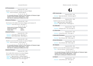 96 97
Mémoire et souvenirs - Grez-Doiceau
Jean-pierre Bontront
• E. Flanaghan
Guerre de 1939 - 1945
Décédé le 15 ou le 16 mai 1940 à Gastuche, Grez-doiceau, Belgique.
Plaque - Drève de Laurensart - Gastuche (page 39)
    
De nationalité Britanique, membre du 2ème Bataillon de l’Infanterie Légère
De nationalité Britanique, membre du 2ème Bataillon de l’Infanterie Légère
Durham (2nd Bn Durham Light Infantry - 2 DLI).
Durham (2nd Bn Durham Light Infantry - 2 DLI).
Mort dans les combats pour la défense de la Dyle.
Mort dans les combats pour la défense de la Dyle.
• Gustave Flémal
Guerre de 1914 - 1918
Né le 30 janvier 1876 à Néthen, Grez-doiceau, Belgique, acte de naissance n°6.
Monument - Avenue Félix Lacourt - Héze (page 13)
    
Faisant partie de l’unité de chasseurs à pied.
Faisant partie de l’unité de chasseurs à pied.
Numéro de matricule		 45414
Numéro de matricule		 45414
Dossier MRA		 6243722
Dossier MRA		 6243722
• Joseph Flémal
Guerre de 1914 - 1918
Monument - Avenue Félix Lacourt - Héze (page 13)
Monument - Rue de Hamme-mille - Néthen (page 25)
• P. Foster
Guerre de 1939 - 1945
Décédé le 15 ou le 16 mai 1940 à Gastuche, Grez-doiceau (Belgique)
Plaque - Drève de Laurensart - Gastuche (page 39)
    
De nationalité Britanique, membre du 2ème Bataillon de l’Infanterie Légère
De nationalité Britanique, membre du 2ème Bataillon de l’Infanterie Légère
Durham (2nd Bn Durham Light Infantry - 2 DLI).
Durham (2nd Bn Durham Light Infantry - 2 DLI).
Mort dans les combats pour la défense de la Dyle.
Mort dans les combats pour la défense de la Dyle.
• Joseph Frisque
Guerre de 1914 - 1918
Né le 12 juillet 1890 à Archennes, Grez-doiceau, Belgique.
Décédé le 5 août 1914 à Ougrée, Seraing, Belgique.
Monument - Église Saint-pierre - Archennes (page 29)
Plaque - Dans la maison communale - Grez-centre (page 43)
Monument - Parking du CPAS - Grez-centre (page 51)
G
• JH. Gastuche
Guerre de 1914 - 1918
Monument - Église Saint-Remacle - Gottechain (page 35)
• Jules Gathy
Guerre de 1914 - 1918
Décédé le 20 août 1914 à Franc-Waret, Belgique
Plaque - Église Notre-Dame - Bossut (page 21)
Monument - Église Notre-Dame - Bossut (page 23)
• G. Gérard
Guerre de 1914 - 1918
Monument - Parking du CPAS - Grez-centre (page 51)
• A. Geuvens
Guerre de 1914 - 1918
Monument - Avenue Félix Lacourt - Héze (page 13)
• Adolphe Geyssens
Guerre de 1914 - 1918
Monument - Rue de Hamme-mille - Néthen (page 25)
• Jules Geyssens
Guerre de 1914 - 1918
Monument - Rue de Hamme-mille - Néthen (page 25)
• R. Gibson
Guerre de 1939 - 1945
Décédé le 15 ou le 16 mai 1940 à Gastuche, Grez-doiceau, Belgique.
Plaque - Drève de Laurensart - Gastuche (page 39)
    
De nationalité Britanique, membre du 2ème Bataillon de l’Infanterie Légère
De nationalité Britanique, membre du 2ème Bataillon de l’Infanterie Légère
Durham (2nd Bn Durham Light Infantry - 2 DLI).
Durham (2nd Bn Durham Light Infantry - 2 DLI).
Mort dans les combats pour la défense de la Dyle.
Mort dans les combats pour la défense de la Dyle.
• J. Gilet
Guerre de 1914 - 1918
Monument - Avenue Félix Lacourt - Héze (page 13)
 