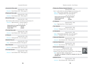 98 99
Mémoire et souvenirs - Grez-Doiceau
Jean-pierre Bontront
• Augustin Gillard
Guerre de 1914 - 1918
Monument - Rue de Hamme-mille - Néthen (page 25)
• Fernand Gillard
Guerre de 1914 - 1918
Monument - Rue de Hamme-mille - Néthen (page 25)
• Victor Gillard
Guerre de 1914 - 1918
Monument - Rue de Hamme-mille - Néthen (page 25)
• Jules Gillard
Guerre de 1914 - 1918
Né le 19 janvier 1885 à Archennes, Grez-doiceau, acte de naissance n°1.
Monument - Église Saint-pierre - Archennes (page 29)
    
Faisant partie de la troupe de transmission.
Faisant partie de la troupe de transmission.
Numéro de matricule		 185.322
Numéro de matricule		 185.322
Dossier MRA		 6250207
Dossier MRA		 6250207
• J. Gillet
Guerre de 1914 - 1918
Monument - Parking du CPAS - Grez-centre (page 51)
• Joseph Gillot
Guerre de 1914 - 1918
Plaque - Ancienne école communale - Biez (page 55)
• Jean Gilson
Guerre de 1914 - 1918
Monument - Rue de Hamme-mille - Néthen (page 25)
• Victor Gilson
Guerre de 1914 - 1918
Monument - Rue de Hamme-mille - Néthen (page 25)
• Fernand, Henri, Joseph Goffin
Guerre de 1914 - 1918
Né le 1er
octobre 1888 à Grez-doiceau, Belgique, acte de naissance n°47.
Plaque - Dans la maison communale - Grez-centre (page 43)
Monument - Parking du CPAS - Grez-centre (page 51)
    
Faisant partie de l’unité du corps de transport.
Faisant partie de l’unité du corps de transport.
Numéro de matricule		 1418
Numéro de matricule		 1418
Dossier MRA		 6252285
Dossier MRA		 6252285
• Th. Goffin
Guerre de 1914 - 1918
Monument - Parking du CPAS - Grez-centre (page 51)
• T. Goffin
Guerre de 1914 - 1918
Plaque - Église Saint-Pierre - Doiceau (page 45)
• Arthur Grietens
Guerre de 1914 - 1918
Monument - Rue de Hamme-mille - Néthen (page 25)
• Joseph Guns
Guerre de 1914 - 1918
Monument - Rue de Hamme-mille - Néthen (page 25)
• Armand Grietens
Guerre de 1914 - 1918
Monument - Rue de Hamme-mille - Néthen (page 25)
• J. Gourgue
Guerre de 1914 - 1918
Plaque - Dans la maison communale - Grez-centre (page 43)
Monument - Parking du CPAS - Grez-centre (page 51)
• Edouard Guirsch
Guerre de 1939 - 1945
Né le 28 septembre 1897 à Saint-Vincent, Belgique
Décédé le 19 août 1944 à Sart-Dames-Avelines, Villers-la-Ville, Belgique.
Stèle - Chemin des Vallées - Genappe (page 17)
Une dalle à sa mémoire se trouve au cimetière de Grez à la
Une dalle à sa mémoire se trouve au cimetière de Grez à la
parcelle S-20.
parcelle S-20.
 