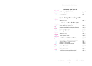 11
Mémoire et souvenirs - Grez-Doiceau
Révolution belge de 1830
Grez-centre
M	 A Côté de l’église de Grez-Doiceau			 page 47
Pécrot
Se	 A droite de l’église					 page 19
Guerre d’indépendance du Congo 1893
Doiceau
P	 Église Saint-Pierre					page 45
Guerre mondiale de 1914 - 1918
Archennes
M	 Devant l’église Saint-Pierre et Paul			 page 29
Biez
P	 Sur le mur d’entrée de l’ancienne école communale	 page 55
Bossut
P	 Devant l’église Notre-Dame				 page 21
M	 Devant l’église Notre-Dame				 page 23
Doiceau
P	 Église Saint-Pierre					page 45
Gastuche
M	 Avenue Georges Cartigny				 page 61
Gottechain
M	 Au pied du calvaire de l’église Saint Remacle		 page 35
Grez-centre
P	 Dans le couloir de l’administration communale		 page 43
M	 Sur le parking du CPAS de Grez-Doiceau		 page 51
M	 Cimetière de Grez-Doiceau				 page 63
M	 Cimetière de Grez-Doiceau (Français)			 page 65
Hèze
M	 Avenue Félix Lacourt				page 13
Néthen
M	 Rue de Hamme-mille				 page 25
Pécrot
M	 Au pied du calvaire de l’église Saint-Antoine		 page 33
M - Monument	 P - Plaque	 S - Stèle	 Se - Sépulture
 