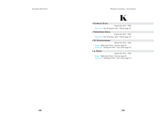 108 109
Mémoire et souvenirs - Grez-Doiceau
Jean-pierre Bontront
K
• Florian Kaye
Guerre de 1914 - 1918
Monument - Rue de Hamme-mille - Néthen (page 25)
• Théophile Kina
Guerre de 1914 - 1918
Monument - Rue de Hamme-mille - Néthen (page 25)
• M. Knippenberg
Guerre de 1914 - 1918
Plaque - Église Saint-Pierre - Doiceau (page 45)
Monument - Parking du CPAS - Grez-centre (page 51)
• A. Kock
Guerre de 1914 - 1918
Plaque - Église Saint-Pierre - Doiceau (page 45)
Monument - Parking du CPAS - Grez-centre (page 51)
 