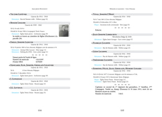 114 115
Mémoire et souvenirs - Grez-Doiceau
Jean-pierre Bontront
• Victor Lefèvre
Guerre de 1914 - 1918
Monument - Rue de Hamme-mille - Néthen (page 25)
• Roger Leglise
Guerre de 1939 - 1945
Né le 18 août 1919 à
Décédé le 18 mai 1940 à Locquignol, Nord, France.
Monument - Église Saint-pierre - Archennes (page 29)
Sa tombe se trouve au cimetière de l’église d’Archennes à la
Sa tombe se trouve au cimetière de l’église d’Archennes à la
parcelle 236.
parcelle 236.
• Emile, Joseph Lejeune
Guerre de 1914 - 1918
Né le 19 janvier 1883 à Grez-doiceau, Belgique, acte de naissance n°4.
Monument - Avenue Félix Lacourt - Héze (page 13)
Monument - Parking du CPAS - Grez-centre (page 51)
    
Faisant partie de l’unité de ligne.
Faisant partie de l’unité de ligne.
Numéro de matricule		 110.52397
Numéro de matricule		 110.52397
Dossier MRA		 6278269
Dossier MRA		 6278269
• Edouard, Elie, Joseph, Ghislain Lelievre
Guerre de 1914 - 1918
Né le		 à Grez-doiceau, Belgique
Décédé le 17 décembre 1918 à
Monument - Église Saint-pierre - Archennes (page 29)
• J. Lengelez
Guerre de 1914 - 1918
Monument - Église Notre-Dame - Bossut (page 23)
• J.L. Levieux
Guerre de 1914 - 1918
Monument - Église Notre-Dame - Bossut (page 23)
• Vital, Joseph L’Host
Guerre de 1914 - 1918
Né le 7 mai 1861 à Grez-doiceau, Belgique
Décédé le 30 décembre 1917 à Biez
Plaque - Ancienne école communale - Biez (page 55)
    
É
Échevin
chevin
• Jean-Joseph Librechts
Révolution Belge de 1830
Monument - Église Saint-Georges - Grez-centre (page 47)
• Florian Licoppe
Guerre de 1914 - 1918
Monument - Rue de Hamme-mille - Néthen (page 25)
Crédit
photo
:
Gdh
de
Grez-Doiceau
©
2021
• Edmond, Félix, Jean, Ghislain, Hubert Linard
Guerre de 1914 - 1918
Né le 16 février 1877 à Louvain, Belgique, acte de naissance n°156.
Décédé le 18 mars 1915 à Steenstraat, Ypres, Belgique.
Plaque - Église Notre-Dame - Bossut (page 21)
Monument - Église Notre-Dame - Bossut (page 23)
    
Capitaine en second du 1
Capitaine en second du 1er
er
régiment des grenadiers, 1
régiment des grenadiers, 1er
er
bataillon, 2
bataillon, 2ème
ème
Compagnie. Tombé au champ d’honneur le 18 mars 1915, mort de ses
Compagnie. Tombé au champ d’honneur le 18 mars 1915, mort de ses
blessures reçues au combat.
blessures reçues au combat.
Numéro de matricule		 13615
Numéro de matricule		 13615
• Théodore Licoppe
Guerre de 1914 - 1918
Monument - Rue de Hamme-mille - Néthen (page 25)
• Léon Licoppe
Guerre de 1914 - 1918
Monument - Rue de Hamme-mille - Néthen (page 25)
 