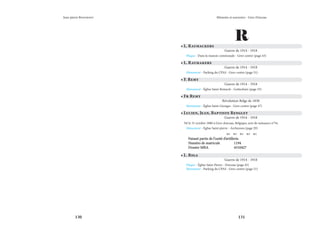 130 131
Mémoire et souvenirs - Grez-Doiceau
Jean-pierre Bontront
• L. Raymackers
Guerre de 1914 - 1918
Plaque - Dans la maison communale - Grez-centre (page 43)
• L. Raymakers
Guerre de 1914 - 1918
Monument - Parking du CPAS - Grez-centre (page 51)
R
• F. Remy
Guerre de 1914 - 1918
Monument - Église Saint-Remacle - Gottechain (page 35)
• Fr Remy
Révolution Belge de 1830
Monument - Église Saint-Georges - Grez-centre (page 47)
• Lucien, Jean, Baptiste Renglet
Guerre de 1914 - 1918
Né le 31 octobre 1886 à Grez-doiceau, Belgique, acte de naissance n°54.
Monument - Église Saint-pierre - Archennes (page 29)
    
Faisant partie de l’unité d’artillerie.
Faisant partie de l’unité d’artillerie.
Numéro de matricule		 1194
Numéro de matricule		 1194
Dossier MRA		 6310427
Dossier MRA		 6310427
• L. Riga
Guerre de 1914 - 1918
Plaque - Église Saint-Pierre - Doiceau (page 45)
Monument - Parking du CPAS - Grez-centre (page 51)
 