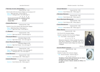 132 133
Mémoire et souvenirs - Grez-Doiceau
Jean-pierre Bontront
• Joseph Riguelle
Guerre de 1914 - 1918
Décédé le 19 mai 1918 à Hamme-mille, Beauvechain, Belgique
Plaque - Église Notre-Dame - Bossut (page 21)
Monument - Église Notre-Dame - Bossut (page 23)
• A. Robert
Guerre de 1914 - 1918
Monument - Église Saint-Remacle - Gottechain (page 35)
• François Roels
Révolution Belge de 1830
Monument - Église Saint-Georges - Grez-centre (page 47)
• Jean-François Rollin
Révolution Belge de 1830
Monument - Église Saint-Georges - Grez-centre (page 47)
• R. Romain
Guerre de 1914 - 1918
Plaque - Dans la maison communale - Grez-centre (page 43)
Monument - Parking du CPAS - Grez-centre (page 51)
• Aimé Rondou
Guerre de 1914 - 1918
Monument - Rue de Hamme-mille - Néthen (page 25)
• Joseph Rondou
Guerre de 1914 - 1918
Monument - Rue de Hamme-mille - Néthen (page 25)
• Julien Rondou
Guerre de 1914 - 1918
Monument - Rue de Hamme-mille - Néthen (page 25)
• Mathieu Rondou
Guerre de 1914 - 1918
Monument - Rue de Hamme-mille - Néthen (page 25)
• Jean-Baptiste Ronsmans
Guerre de 1914 - 1918
Monument - Rue de Hamme-mille - Néthen (page 25)
• Louis Ronsmans
Guerre de 1914 - 1918
Monument - Rue de Hamme-mille - Néthen (page 25)
• Rémy Ronse
Guerre de 1939 - 1945
Né le 20 avril 1919 à Etterbeek, Belgique.
Décédé le 4 septembre 1944 à Grez-doiceau, Belgique.
Stèle - Ferme Hallau - Doiceau (page 49)
    
Mécanicien domicilié à Glimes pendant l’occupation,
entré dans la Résistance en décembre 1941. Il est
membre de l’Armée Secrète refuge Lynx-Ychtus 3ème
compagnie.
Collection : Emmanuel Ferrière © 2021
• Nestor, Lucien, Joseph Riga
Guerre de 1914 - 1918
Né le 8 octobre 1884 à Grez-doiceau, Belgique, acte de naissance n°47.
Plaque - Église Saint-Pierre - Doiceau (page 45)
Monument - Parking du CPAS - Grez-centre (page 51)
    
Faisant partie de l’unité des carabiniers cyclistes.
Faisant partie de l’unité des carabiniers cyclistes.
Numéro de matricule		 131.52129
Numéro de matricule		 131.52129
Dossier MRA		 6311210
Dossier MRA		 6311210
• Jeanne Rose-Capiaux
Guerre de 1939 - 1945
Née le 22 octobre 1908
Décédée le 20 juillet 1944 à Archennes, Belgique
Stelle - Bois de la Hocaille - Archennes (page 31)
    
Travailleuse à l’usine Tudor de Florival, tuée avec d’autres
Travailleuse à l’usine Tudor de Florival, tuée avec d’autres
travailleuses par un obus, à l’âge de 35 ans.
travailleuses par un obus, à l’âge de 35 ans.
Sa tombe se trouve à l’ancien cimetière de Néthen à la
Sa tombe se trouve à l’ancien cimetière de Néthen à la
parcelle 169.
parcelle 169.
 