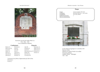 14 15
Mémoire et souvenirs - Grez-Doiceau
Jean-pierre Bontront
Benoit E.
Bonvalet H.
Colon V.
Dehut S.
Delval J.
Delvaux E.
Delvaux J.
Souvenons-nous du Roi-Soldat Albert 1er
1914 - Hèze - 1918
A ses combattants et déportés
Abs J.B.
Charlet F.
Colon G.
Delongueville O.
Demol M.
Geuvens A.
Lacourt J.B.
2 personnes avec photos, n’apparraisant pas dans la liste
Stiennon J.
Flemal J.
Devroye J.
Docq J.
Dive M.
Gilet J.
Lejeune E.
Marchal J.
Socquet A.
Crédit
photo
:
Emmanuel
Ferrière
©
2021
Combattants
Marchal A.
Spreutels F.
Spreutels L.
Staquet A.
Flemal G.
Déportés
Ici fut arrêté par la gestapo le 11 novembre 1943
Bruneau Henri
Membre du comité de l’aide à nos soldats
Prisonnier politique
Dédédé à Ellrich - Allemagne
1921 - 1945
Plaque
Origine			 Guerre mondiale 1939-1945
Localisation			Rue Henri Bruneau - Grez-centre
Coordonnées		 50.73728, 4.69655
Nombre de personnes		 1
Date de commémoration	
	
Crédit
photo
:
Jean-pierre
Bontront
©
2021
 