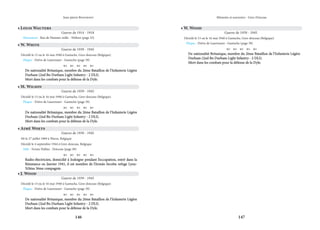 146 147
Mémoire et souvenirs - Grez-Doiceau
Jean-pierre Bontront
• Louis Wauters
Guerre de 1914 - 1918
Monument - Rue de Hamme-mille - Néthen (page 25)
• W. White
Guerre de 1939 - 1945
Décédé le 15 ou le 16 mai 1940 à Gastuche, Grez-doiceau (Belgique)
Plaque - Drève de Laurensart - Gastuche (page 39)
    
De nationalité Britanique, membre du 2ème Bataillon de l’Infanterie Légère
De nationalité Britanique, membre du 2ème Bataillon de l’Infanterie Légère
Durham (2nd Bn Durham Light Infantry - 2 DLI).
Durham (2nd Bn Durham Light Infantry - 2 DLI).
Mort dans les combats pour la défense de la Dyle.
Mort dans les combats pour la défense de la Dyle.
• M. Wilson
Guerre de 1939 - 1945
Décédé le 15 ou le 16 mai 1940 à Gastuche, Grez-doiceau (Belgique)
Plaque - Drève de Laurensart - Gastuche (page 39)
    
De nationalité Britanique, membre du 2ème Bataillon de l’Infanterie Légère
De nationalité Britanique, membre du 2ème Bataillon de l’Infanterie Légère
Durham (2nd Bn Durham Light Infantry - 2 DLI).
Durham (2nd Bn Durham Light Infantry - 2 DLI).
Mort dans les combats pour la défense de la Dyle.
Mort dans les combats pour la défense de la Dyle.
• J. Wood
Guerre de 1939 - 1945
Décédé le 15 ou le 16 mai 1940 à Gastuche, Grez-doiceau (Belgique)
Plaque - Drève de Laurensart - Gastuche (page 39)
    
De nationalité Britanique, membre du 2ème Bataillon de l’Infanterie Légère
De nationalité Britanique, membre du 2ème Bataillon de l’Infanterie Légère
Durham (2nd Bn Durham Light Infantry - 2 DLI).
Durham (2nd Bn Durham Light Infantry - 2 DLI).
Mort dans les combats pour la défense de la Dyle.
Mort dans les combats pour la défense de la Dyle.
• W. Wood
Guerre de 1939 - 1945
Décédé le 15 ou le 16 mai 1940 à Gastuche, Grez-doiceau (Belgique)
Plaque - Drève de Laurensart - Gastuche (page 39)
    
De nationalité Britanique, membre du 2ème Bataillon de l’Infanterie Légère
De nationalité Britanique, membre du 2ème Bataillon de l’Infanterie Légère
Durham (2nd Bn Durham Light Infantry - 2 DLI).
Durham (2nd Bn Durham Light Infantry - 2 DLI).
Mort dans les combats pour la défense de la Dyle.
Mort dans les combats pour la défense de la Dyle.
• Aimé Woets
Guerre de 1939 - 1945
Né le 27 juillet 1909 à Wavre, Belgique
Décédé le 4 septembre 1944 à Grez-doiceau, Belgique
Stèle - Ferme Hallau - Doiceau (page 49)
    
Radio-électricien, domicilié à Jodoigne pendant l’occupation, entré dans la
Radio-électricien, domicilié à Jodoigne pendant l’occupation, entré dans la
Résistance en Janvier 1941, il est membre de l’Armée Secrète refuge Lynx-
Résistance en Janvier 1941, il est membre de l’Armée Secrète refuge Lynx-
Ychtus 3ème compagnie.
Ychtus 3ème compagnie.
 