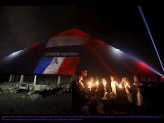Egyptians light candles as the French and Egyptian flags and France's national colors of blue, white and red are projected onto one of the Giza pyramids, November 15, 2015.
The words on the pyramid read: "Solidarity with France". REUTERS/Amr Abdallah Dalsh
 