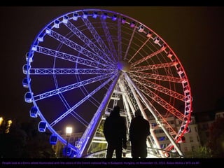 People look at a Ferris wheel illuminated with the colors of the French national flag in Budapest, Hungary, on November 15, 2015. Balazs Mohai / MTI via AP
 