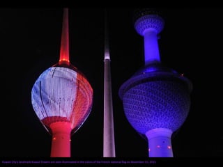 Kuwait City's landmark Kuwait Towers are seen illuminated in the colors of the French national flag on November 15, 2015
 