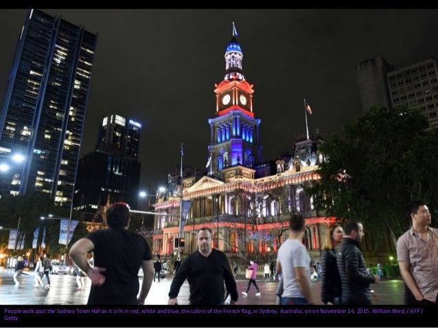 The Colpatria tower is lit up in blue, white and red, the colors of the French flag, in Bogota, Colombia, November 14, 201...