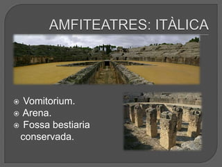  Vomitorium.
 Arena.
 Fossa bestiaria
 conservada.
 