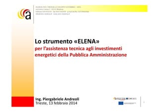 Lo strumento «ELENA»
per l’assistenza tecnica agli investimenti 
energetici della Pubblica Amministrazione

Ing. Piergabriele Andreoli
Trieste, 13 febbraio 2014

1

 
