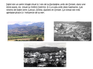 Irgoli est un petit village situé à l' est de la Sardaigne, près de Orosei, dans une zone plane, où  coule la rivière Cedrino. Il y a à peu près 2500 habitants. Les voisins de Irgoli sont: Loculi, Onifai, Galtellì et Orosei. Le climat est très agréable grace à l' influence de la mer. 