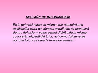 SECCIÒN DE INFORMACIÒN Es la guía del curso, la misma que obtendrá una explicación clara de cómo el estudiante se manejará dentro del aula, y como estará distribuida la misma, conocerán el perfil del tutor, así como físicamente por una foto y se dará la forma de evaluar.