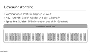 Betreuungskonzept
             ‣ Seminarleiter: Prof. Dr. Karsten D. Wolf
             ‣ Key-Tutoren: Stefan Neitzel und Jaci Eidemann
             ‣ Episoden-Guides: Teilnehmenden des #LiM-Seminars
                                                                                                                        Seminarleiter Karsten Wolf




                                                                                                                       eSTUDI 10

                                                                                                                                   eSTUDI 11




                                                                                                                                                           eSTUDI 20

                                                                                                                                                                       eSTUDI 21

                                                                                                                                                                                   eSTUDI 22

                                                                                                                                                                                               eSTUDI 23

                                                                                                                                                                                                           eSTUDI 24




                                                                                                                                                                                                                                  eSTUDI 26

                                                                                                                                                                                                                                              eSTUDI 27

                                                                                                                                                                                                                                                          eSTUDI 28

                                                                                                                                                                                                                                                                      eSTUDI 29

                                                                                                                                                                                                                                                                                  eSTUDI 30
                                                                                                                                                                                                                       eSTUD 25
                    eSTUDI 1

                               eSTUDI 2

                                          eSTUDI 3

                                                     eSTUDI 4

                                                                eSTUDI 5

                                                                           eSTUDI 6

                                                                                      eSTUDI 7

                                                                                                 eSTUDI 8

                                                                                                            eSTUDI 9




                                                                                                                                               eSTUDI ..




                                                                                                                                                                                                                                                                                              eSTUDI ..
Samstag, 15. September 12
 