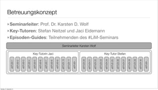 Betreuungskonzept
             ‣ Seminarleiter: Prof. Dr. Karsten D. Wolf
             ‣ Key-Tutoren: Stefan Neitzel und Jaci Eidemann
             ‣ Episoden-Guides: Teilnehmenden des #LiM-Seminars
                                                                                                                        Seminarleiter Karsten Wolf

                                                                Key-Tutorin Jaci                                                                                                                           Key-Tutor Stefan

                                                                                                                       eSTUDI 10

                                                                                                                                   eSTUDI 11




                                                                                                                                                           eSTUDI 20

                                                                                                                                                                       eSTUDI 21

                                                                                                                                                                                   eSTUDI 22

                                                                                                                                                                                               eSTUDI 23

                                                                                                                                                                                                           eSTUDI 24




                                                                                                                                                                                                                                  eSTUDI 26

                                                                                                                                                                                                                                              eSTUDI 27

                                                                                                                                                                                                                                                          eSTUDI 28

                                                                                                                                                                                                                                                                      eSTUDI 29

                                                                                                                                                                                                                                                                                  eSTUDI 30
                                                                                                                                                                                                                       eSTUD 25
                    eSTUDI 1

                               eSTUDI 2

                                          eSTUDI 3

                                                     eSTUDI 4

                                                                eSTUDI 5

                                                                           eSTUDI 6

                                                                                      eSTUDI 7

                                                                                                 eSTUDI 8

                                                                                                            eSTUDI 9




                                                                                                                                               eSTUDI ..




                                                                                                                                                                                                                                                                                              eSTUDI ..
Samstag, 15. September 12
 