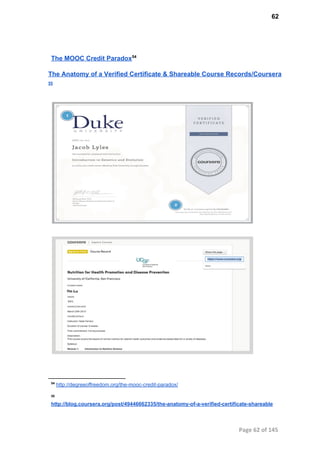 62
The MOOC Credit Paradox54
The Anatomy of a Verified Certificate & Shareable Course Records/Coursera
55
54
 http://degreeoffreedom.org/the­mooc­credit­paradox/
55
http://blog.coursera.org/post/49446662335/the­anatomy­of­a­verified­certificate­shareable
Page 62 of 145
 