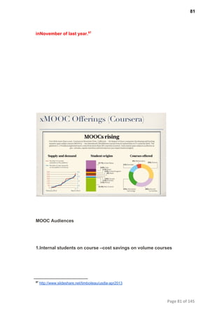 81
inNovember of last year.87
MOOC Audiences
1.Internal students on course –cost savings on volume courses
87
 http://www.slideshare.net/timboileau/usdla­apr2013
Page 81 of 145
 