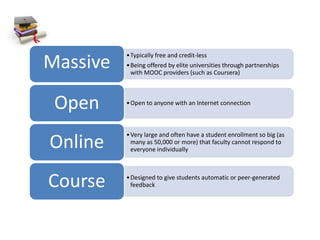 •Typically free and credit-less
•Being offered by elite universities through partnerships
with MOOC providers (such as Coursera)
Massive
•Open to anyone with an Internet connection
Open
•Very large and often have a student enrollment so big (as
many as 50,000 or more) that faculty cannot respond to
everyone individually
Online
•Designed to give students automatic or peer-generated
feedback
Course
 