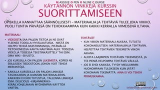 M ASSIVE O PEN O NLINE C OURSE 
KÄYTÄNNÖN VINKKEJÄ KURSSIN 
SUORITTAMISEEN 
OPISKELLA KANNATTAA SÄÄNNÖLLISESTI – MATERIAALIA JA TEHTÄVIÄ TULEE JOKA VIIKKO. 
PUOLI TUNTIA PÄIVÄSSÄ ON TEHOKKAAMPAA KUIN KAIKKI KERRALLA VIIMEISENÄ ILTANA. 
TEHTÄVÄT 
• KUN VIIKON MATERIAALI AUKEAA, TUTUSTU 
KOKONAISUUTEEN: MATERIAALIIN JA TEHTÄVIIN. 
HELPOTTAA TEHTÄVIEN TEKEMISTÄ VIIKON 
AIKANA. 
• ALOITA LAAJIMPIEN TEHTÄVIEN TEKEMISESTÄ, JA 
TEE PIENIÄ HELPOMPIA TEHTÄVIÄ VÄLILLÄ. 
• JOS EI EHDI KAIKKEA, TYYDY MIELUUMMIN 
HUONOMPAAN TULOKSEEN KUIN JÄTÄT 
KOKONAAN TEKEMÄTTÄ. AINA EI VOI TEHDÄ 
PRIIMUSKAMAA. 
MATERIAALI 
• VIDEOISTA SAA PALJON TIETOA JA NE OVAT 
YLEENSÄ TODELLA HYVÄLAATUISIA. NIISTÄ ON 
HELPPO TEHDÄ MUISTIINPANOJA, PITÄMÄLLÄ 
TIETOKONEESSA KAHTA NÄKYMÄÄ AUKI: TOISESSA 
VIDEO JA TOISESSA TEKSTINKÄSITTELY TAI ESIM. 
OMA WIKI -SIVUSTO. 
• JOS KURSSILLA ON PALJON LUKEMISTA, KOPIOI NE 
ERILLISEEN TIEDOSTOON, JOHON VOIT TEHDÄ 
MERKINTÖJÄ. 
• KAIKILLA KURSSEILLA ON PALJON LINKKEJÄ 
TASOKKAISIIN JA ILMAISIIN MATERIAALEIHIN. 
KAIKKEEN EI EHDI TUTUSTUA, TALLENNA LINKKEJÄ 
ESIM. DELICIOUS –KIRJANMERKKI-KERÄILYOHJELMAAN 
MYÖHEMPÄÄ KÄYTTÖÄ 
VARTEN. 
 
