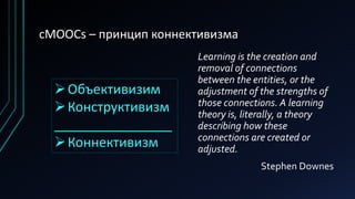 cMOOCs – принцип коннективизма
Learning is the creation and
removal of connections
between the entities, or the
adjustment of the strengths of
those connections. A learning
theory is, literally, a theory
describing how these
connections are created or
adjusted.
Stephen Downes
Объективизим
Конструктивизм
________________
Коннективизм
 
