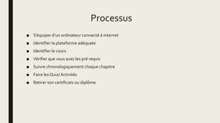 Processus
■ S’équiper d’un ordinateur connecté à internet
■ Identifier la plateforme adéquate
■ Identifier le cours
■ Vérifier que vous avez les pré requis
■ Suivre chronologiquement chaque chapitre
■ Faire les Quiz/ Activités
■ Retirer son certificats ou diplôme
 