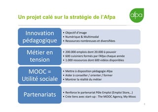 2
• Objectif d’image
• Numérique & Multimodal
• Ressources nombreuses et diversifiées
Innovation
pédagogique
• 200.000 emplois dont 20.000 à pouvoir
• 600 cuisiniers formés par l’Afpa chaque année
• 1.000 ressources dont 600 vidéos disponibles
Métier en
tension
• Mettre à disposition pédagogie Afpa
• Aider à conseiller / orienter / former
• Montrer la réalité du métier
MOOC =
Utilité sociale
• Renforce le partenariat Pôle Emploi (Emploi Store,..)
• Crée liens avec start-up : The MOOC Agency, My-MoocPartenariats
Un projet calé sur la stratégie de l’Afpa
 