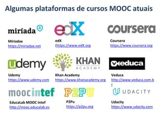 Miriadax
https://miriadax.net
edX
(https://www.edX.org
Coursera
https://www.coursera.org
Udacity
https://www.udacity.com
Khan Academy
https://www.khanacademy.org
Udemy
https://www.udemy.com
P2Pu
https://p2pu.org
Veduca
http://www.veduca.com.b
r
Algumas plataformas de cursos MOOC atuais
EducaLab MOOC Intef
http://mooc.educalab.es
 