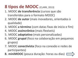 8 tipos de MOOC (CLARK, 2013)
1. MOOC de transferência (cursos que são
transferidos para o formato MOOC)
2. MOOC de autor (mais inovadores, orientados à
qualidade)
3. MOOC a término (com datas fixas de início e fim)
4. MOOC assincrônico (mais flexíveis)
5. MOOC adaptativo (mais personalizadas)
6. MOOC grupal (foco na colaboração em pequenos
grupos)
7. MOOC conectivista (foco na conexão e redes de
participantes)
8. miniMOOC (pouca duração: horas ou dias)
 