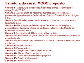Estrutura do curso MOOC proposto:
Semana 1- Cibercultura e sociedade. Sociedade em rede. Tecnologia e
educação. As TDICE.
Semana 2- A difícil tarefa de integrar as tecnologias nas nossas aulas
presenciais. Aprendizagem móvel e ubíqua. Entorno Pessoal de Aprendizagem
(PLE).
Semana 3- Multimodalidade e multiletramentos. Letramento informacional e
letramento digital
Semana 4- Busca e gestão da informação. Ferramentas, estratégias e
possibilidades. Curadoria, filtrado de conteúdos. Ética na rede. Criação de
glossário e lista de recursos.
Semana 5- Ler na internet. O bom leitor. Leitura crítica.
Semana 6- Ferramentas de gestão de cursos. Comunidades de práticas e redes
de profissionais.
Semana 7- Ferramentas para comunicar e colaborar. Diferenças entre cooperar
e colaborar.
Semana 8- Áudio e podcasts
Semana 9- Fotos e vídeos.
Semana 10- Infográficos e visualização de dados
Semana 11-. Murais. Remix. Mashups
Semana 12- Como avaliar atividades e projetos?
Semana 13- Projeto final integrador.
Semana 14- Reflexão final.
 