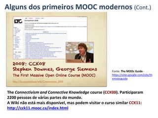 Alguns dos primeiros MOOC modernos (Cont.)
The Connectivism and Connective Knowledge course (CCK08). Participaram
2200 pessoas de várias partes do mundo.
A Wiki não está mais disponível, mas podem visitar o curso similar CCK11:
http://cck11.mooc.ca/index.html
Fonte: The MOOc Guide -
https://sites.google.com/site/th
emoocguide
 