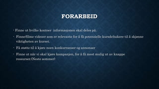 FORARBEID
- Finne ut hvilke kontoer informasjonen skal deles på.
- Finne/filme videoer som er relevante for å få potensielle kursdeltakere til å skjønne
viktigheten av kurset.
- Få støtte til å kjøre noen konkurranser og annonser
- Finne ut når vi skal kjøre kampanjen, for å få mest mulig ut av knappe
ressurser.(Neste sommer)
 