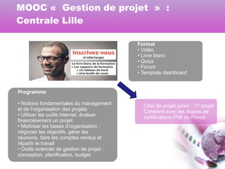 MOOC « Gestion de projet » :
Centrale Lille
Format
• Vidéo
• Livre blanc
• Quizz
• Forum
• Template dashboard

Programme
• Notions fondamentales du management
et de l’organisation des projets
• Utiliser les outils internet, évaluer
financièrement un projet
• Maîtriser les bases d’organisation :
négocier les objectifs, gérer les
réunions, faire les comptes rendus et
répartir le travail
• Outils avancés de gestion de projet :
conception, planification, budget

Chef de projet junior : 1er projet
Cohérent avec les étapes de
certifications PMI ou Prince

 