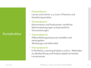  Themenblock I:
Lernen und Lehren 2.0: (Lern-)Theorien und
Gestaltungsansätze
 Themenblock II:
Konsumieren und Produzieren: rechtliche
Rahmenbedingungen und persönliche
Voraussetzungen

Kursstruktur

 Themenblock III:
Offene Bildungsressourcen erstellen und
weitergeben:
Werkzeuge und Hilfsmittel
 Themenblock IV:
E-Portfolios, Learning Analytics und Co.: Methoden
zur Beobachtung und Analyse digital vernetzter
Lernprozesse

11.11.2013

#SOOC1314 "Lernen und Lehren mit Social Media"

20

 