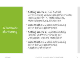  Anfang Woche 1: zum Auftakt
Bereitstellung von Ausgangsmaterialien;
Inputs anderer TN, Materialsuche,
Materialerstellung, Diskussion

Teilnehmeraktivierung

 Ende Woche 1: Zusammenfassung
durch die Gastgeber/innen
 Anfang Woche 2: Expertenvortrag
(online) und Weiterführung der
Diskussion, weitere Materialien
 Ende Woche 2: Zusammenfassung
durch die Gastgeber/innen,
Abschlussreflexionen

11.11.2013

#SOOC1314 "Lernen und Lehren mit Social Media"

25

 
