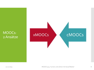 MOOCs:
2 Ansätze

11.11.2013

xMOOCs

cMOOCs

#SOOC1314 "Lernen und Lehren mit Social Media"

8

 