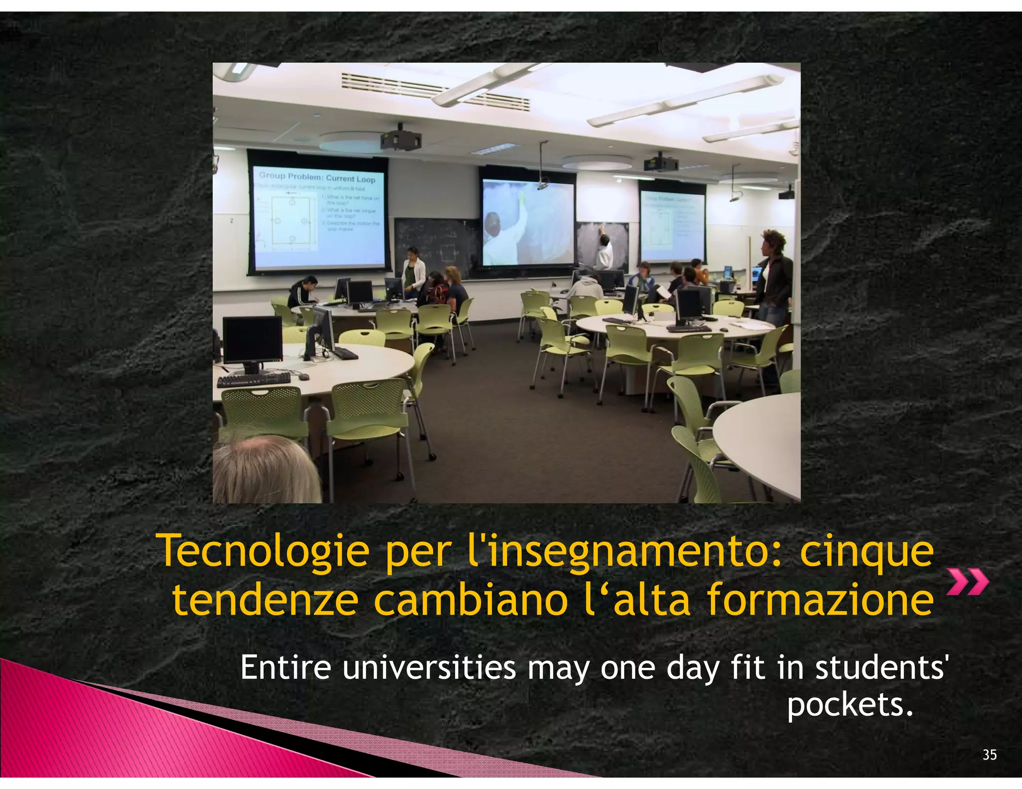 Tecnologie per l'insegnamento: cinque
 tendenze cambiano l‘alta formazione
    Entire universities may one day fit in students'
                                         pockets.
                                                       35
 