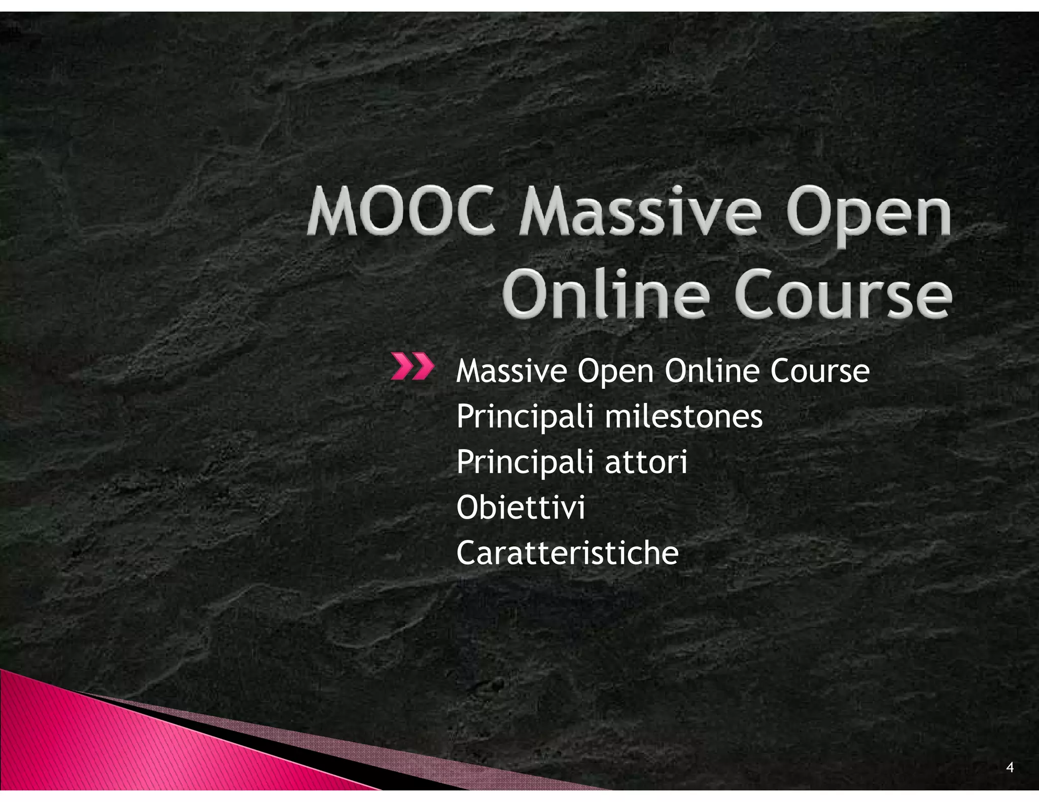 Massive Open Online Course
Principali milestones
Principali attori
Obiettivi
Caratteristiche




                             4
 